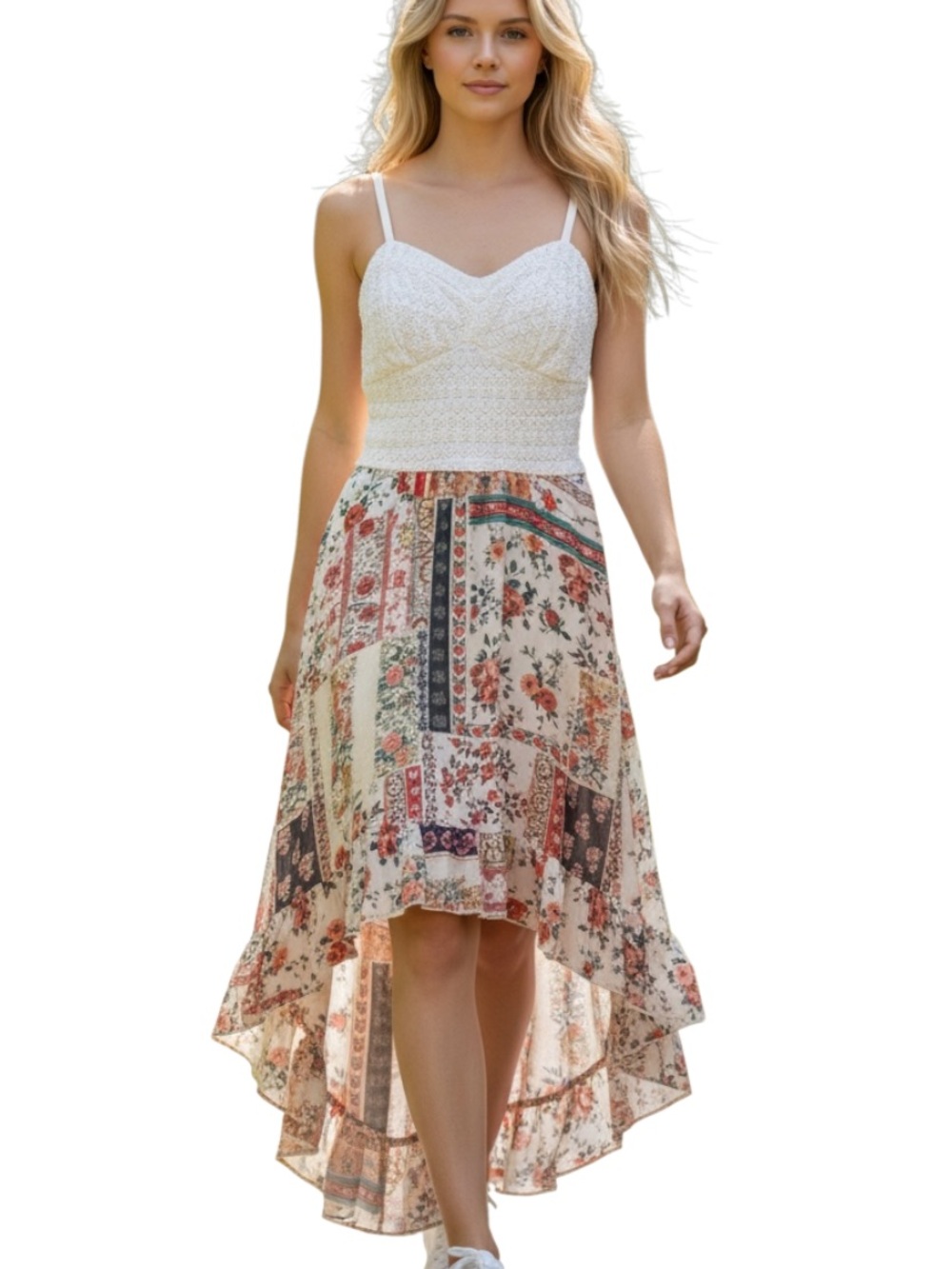 As U Wish White & Multi Hi-Low Boho Patchwork Dress